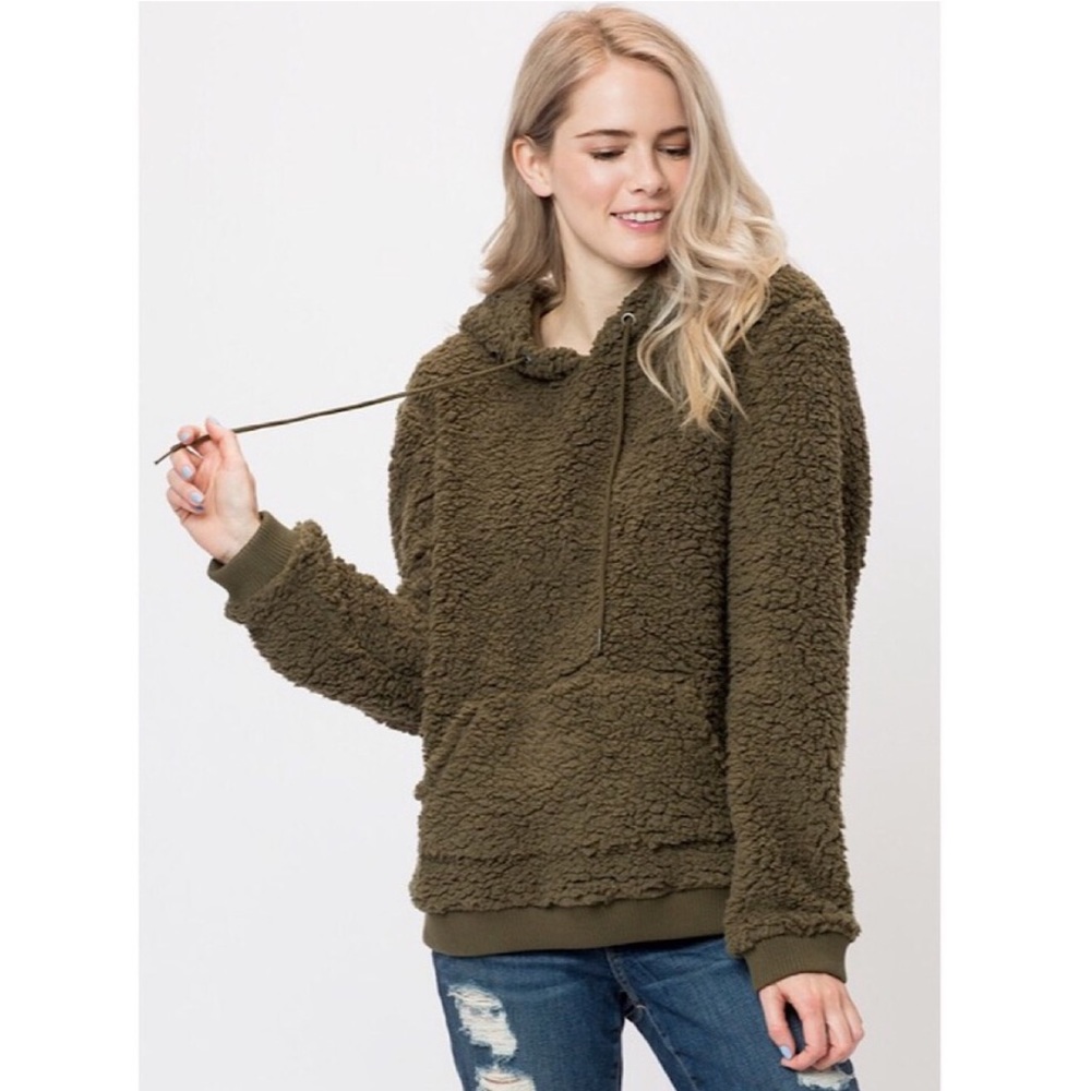 Olive Green Teddy Fleece Sweatshirt Drawstring Hoodie Pullover